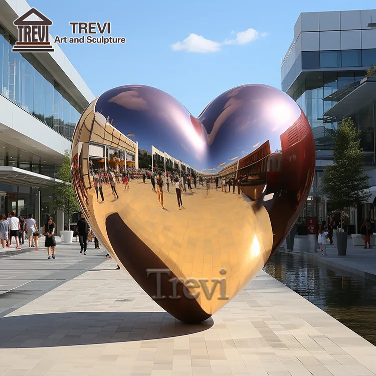 City Landscape Mirror Polished Statue Stainless Steel Heart Balloon Sculpture