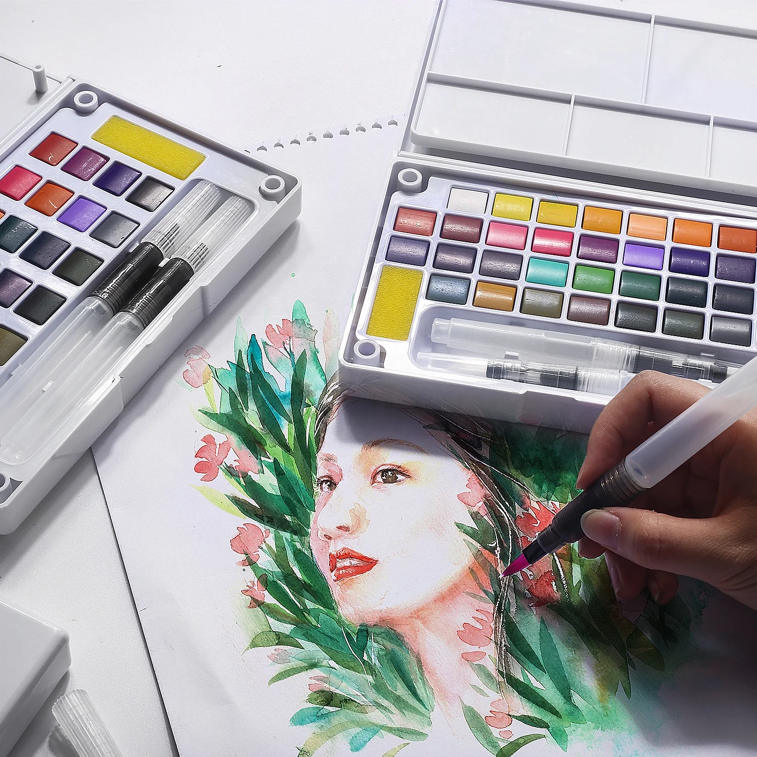 In Stock 12/18/24/36 Colors Professional Artist HalfPan Metallic Water Color Paint Cake Solid Watercolor Paint Set with Brush