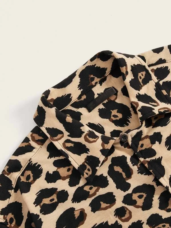 MGOO Custom Leopard Print Shirt and Slant Pocket Shorts Men Pajama Set