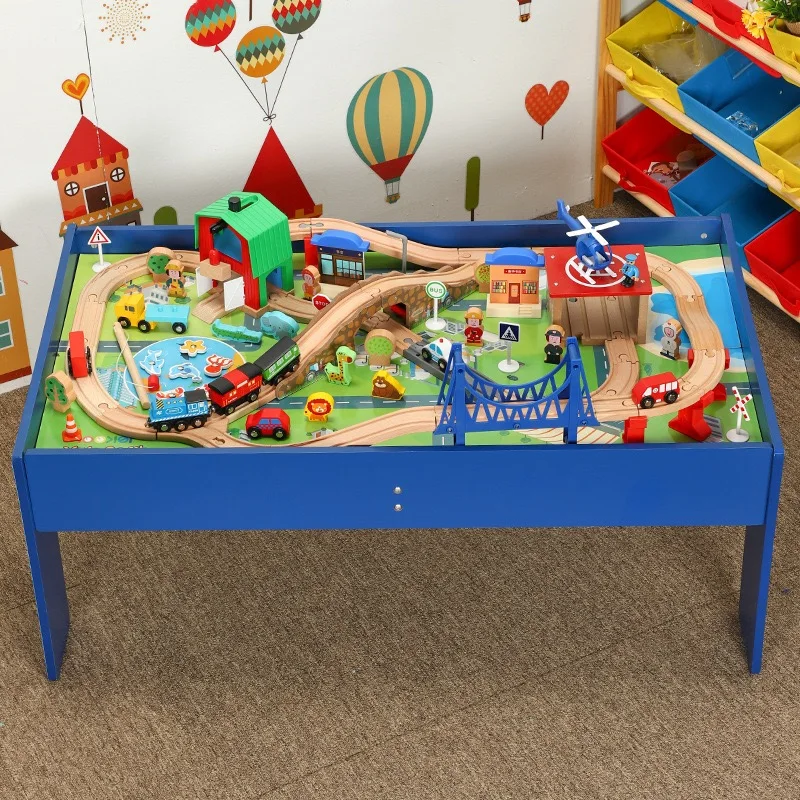 91 piece assembled electric small train track game table multifunctional kindergarten baby toy building block table