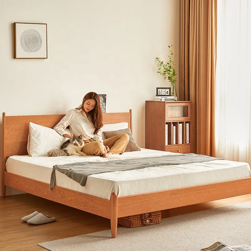 Cherry Solid Wood Simple Queen Bed Japanese Style White Oak Double King Bed with USB Interface