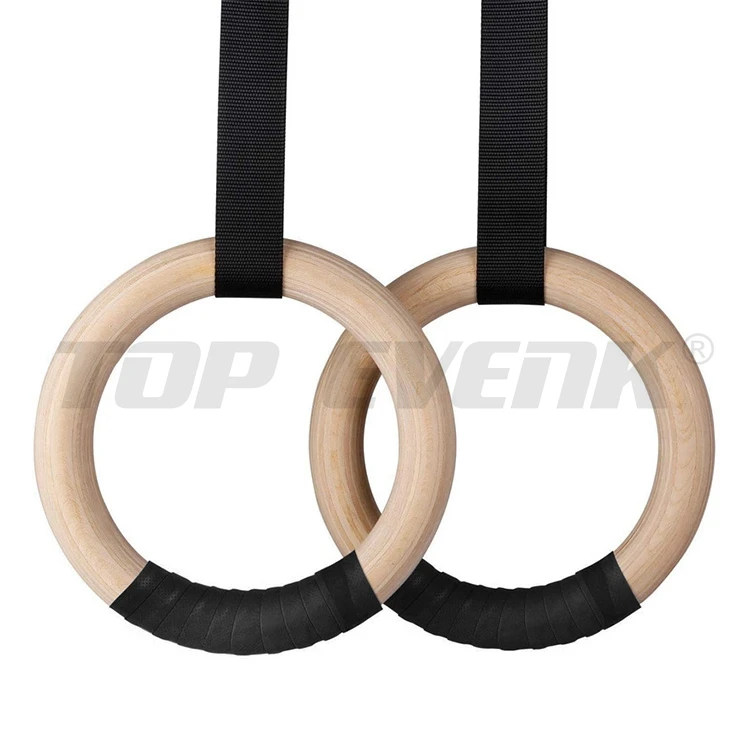 Hot Sale Custom Color Logo Gym Fitness Equipment Wooden Gym Ring with Nylon Straps