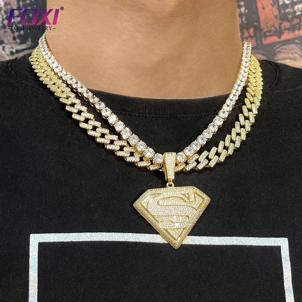 Fashion Hot Sale Hip Hop Superman Pendant Gold Plated Men Full Moissanite Stone Sterling Silver Conspicuous Pendant For Necklace