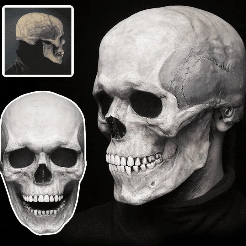 Halloween Scary Skull Mask Moving Jaw Full Head Skeleton Movable Jaw Moving Mouth Helmet Face Masks Horror Human Latex