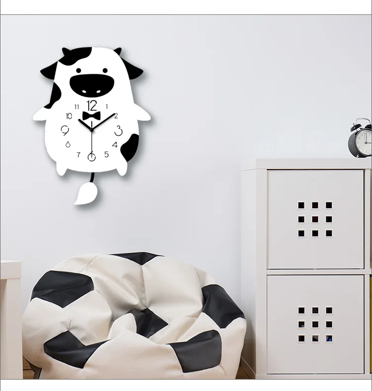 acrylic modern pendulum cartoon wall clock pictures 12 inch home decoration silent cute animal cow bed room hanging watch