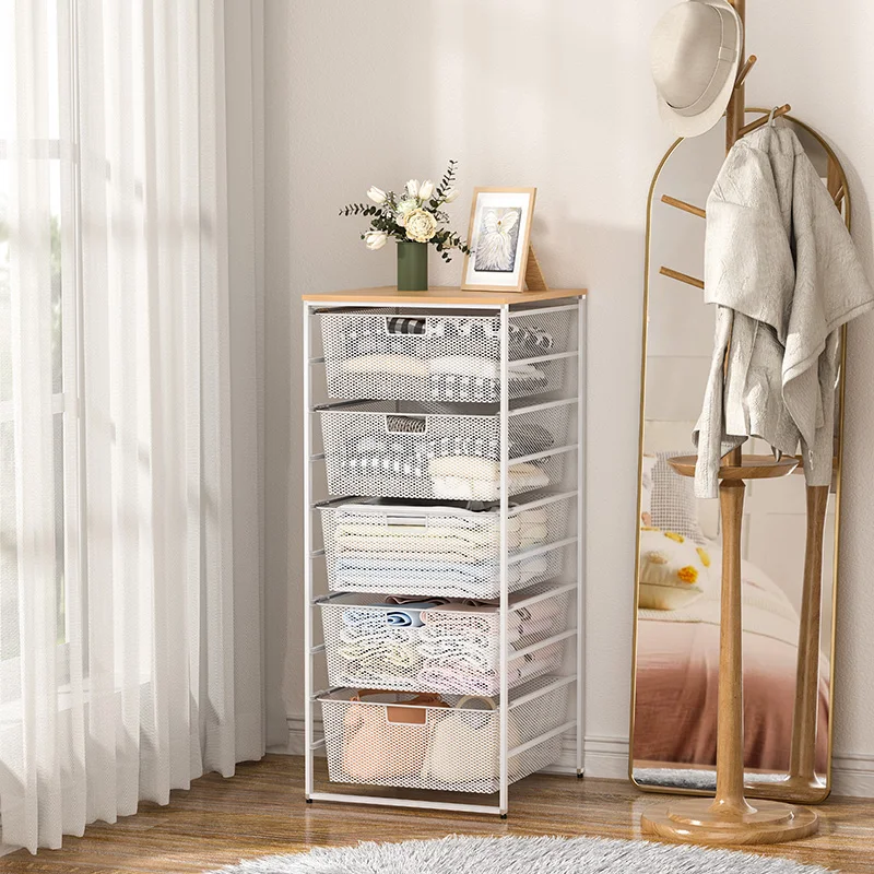 WIREKING Wholesale MDF Top End Table Combination Storage Drawer Carts Rolling Cart with 3 mesh drawers for Bedroom