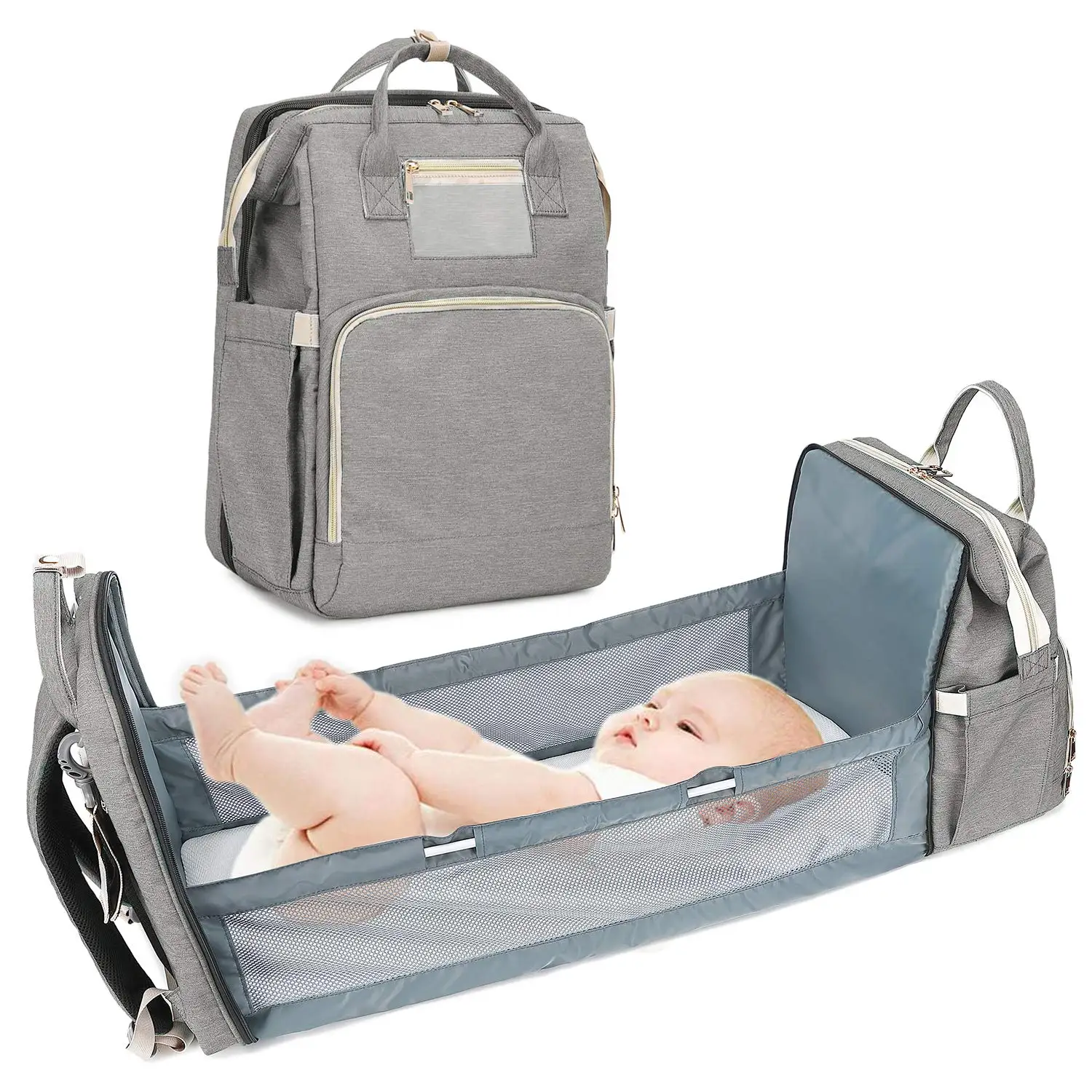 
New Amazon Large Capacity Mommy 4-in-1 Baby Diaper Backpack Bag, Travel Foldable Bed with Mattress, Portable Changing pad 