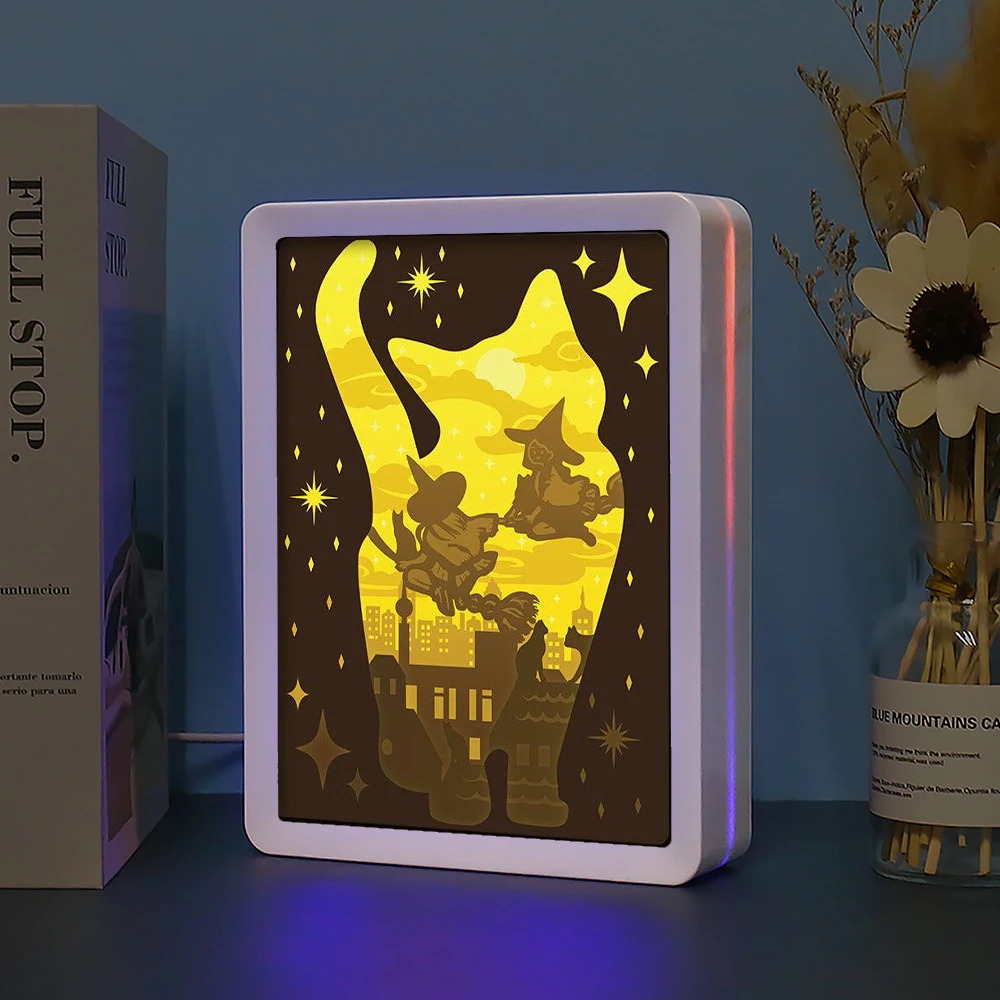 Halloween 2023 Cute Cat and Witch Shadow Box Frames Kids Night Light Custom Picture Frame 3D LED Lamp For Kids Room Decor