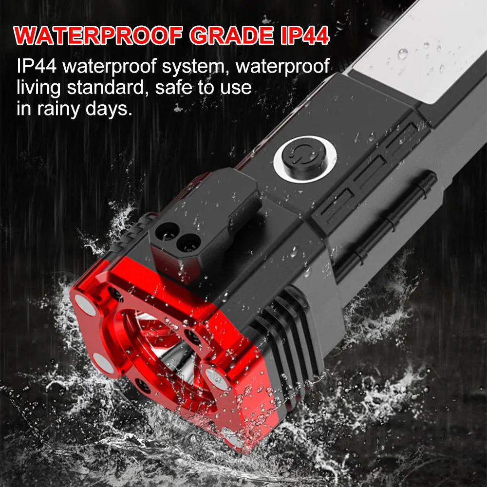 Portable Hand-held Magnetism LED Flashlight with Side COB Emergency Hammer Rechargeable Torch Lights 18650 Rechargeable Battery