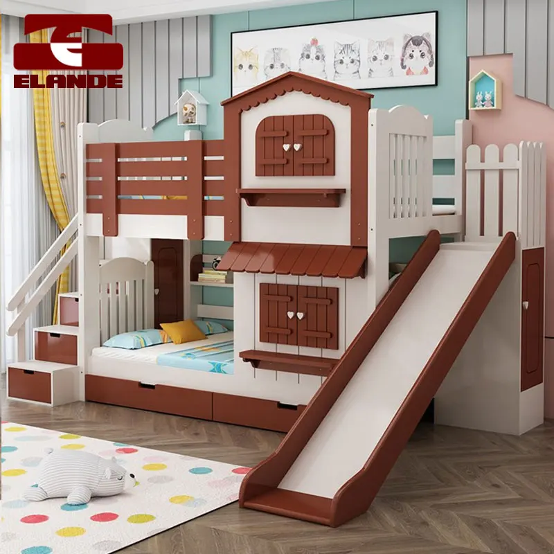 Детская двухъярусная кровать под заказ, кровать высокой и низкой принцессы, горка, многофункциональная кровать из массива дерева с лестницей и замком