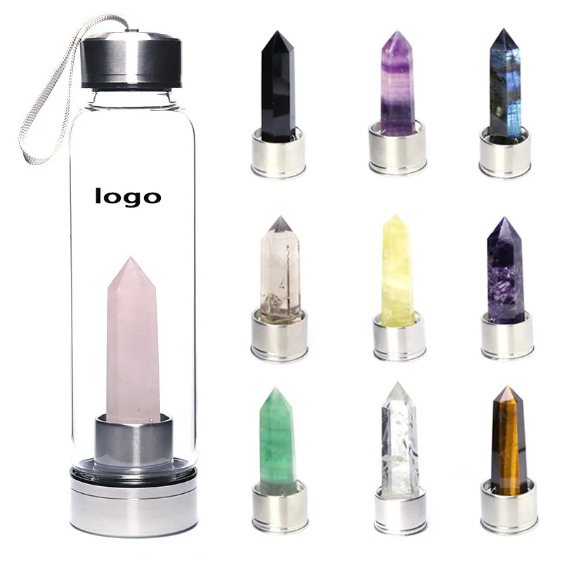 Custom Logo 550ml Stainless Steel Lid Novelty Gift Glass Healing Stone Crystal Water Bottle