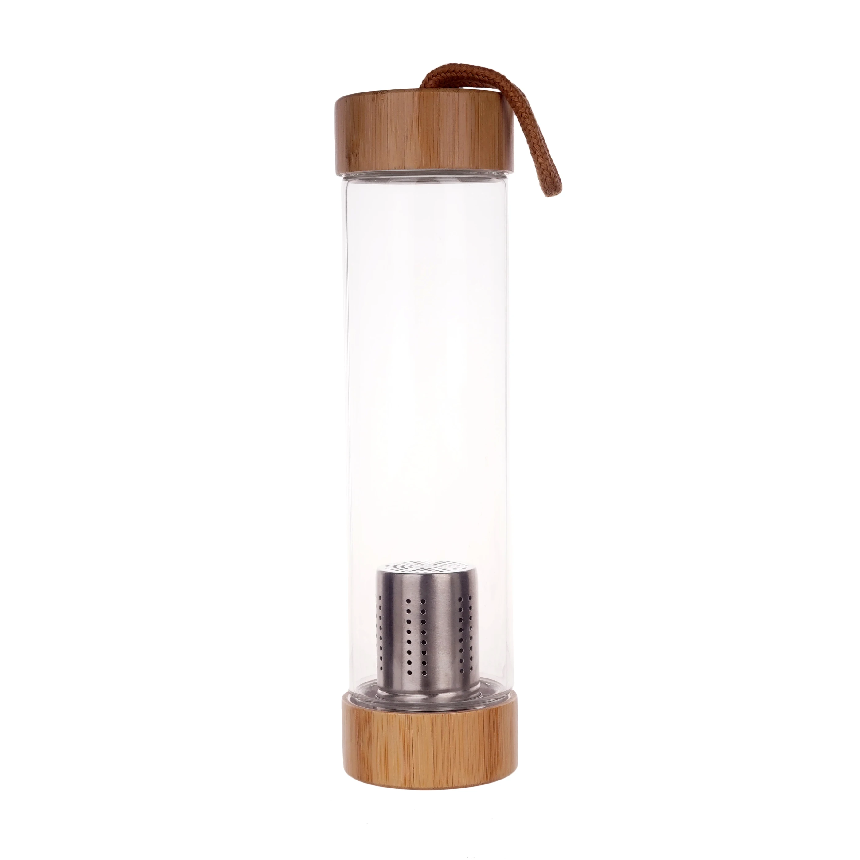 Bamboo Fiber Lid 600ml Borosilicate Drink Bottles Single Wall Glass Water Bottle with Filter