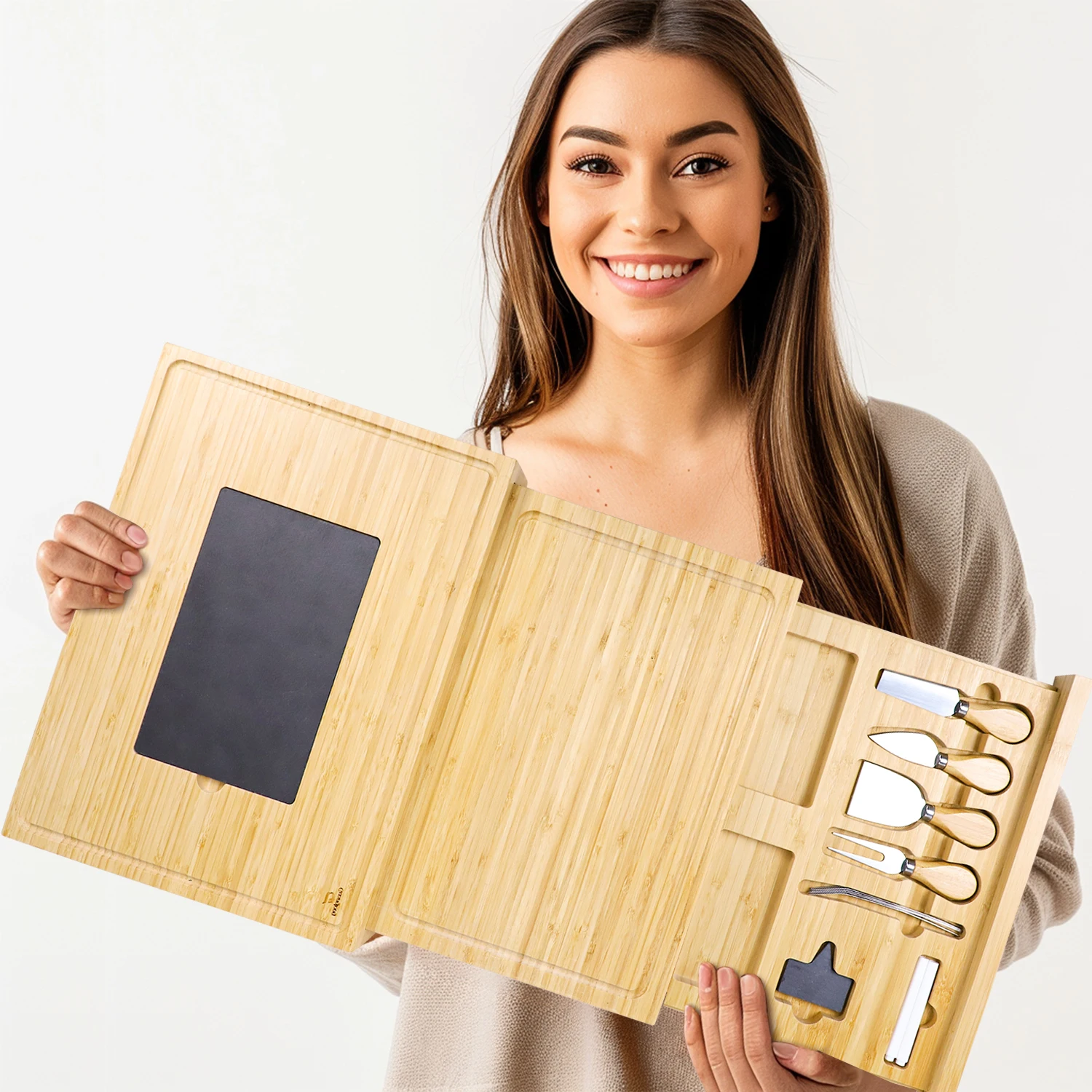 GL оптовая продажа большая трехслойная бамбуковая тарелка Сервировочная доска для сыра кухонный набор с выдвижным ящиком