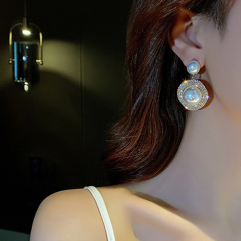 Women Gold Luxury Big Pearl Full Diamond Wedding Drop Dangle Earrings Jewelry Gift