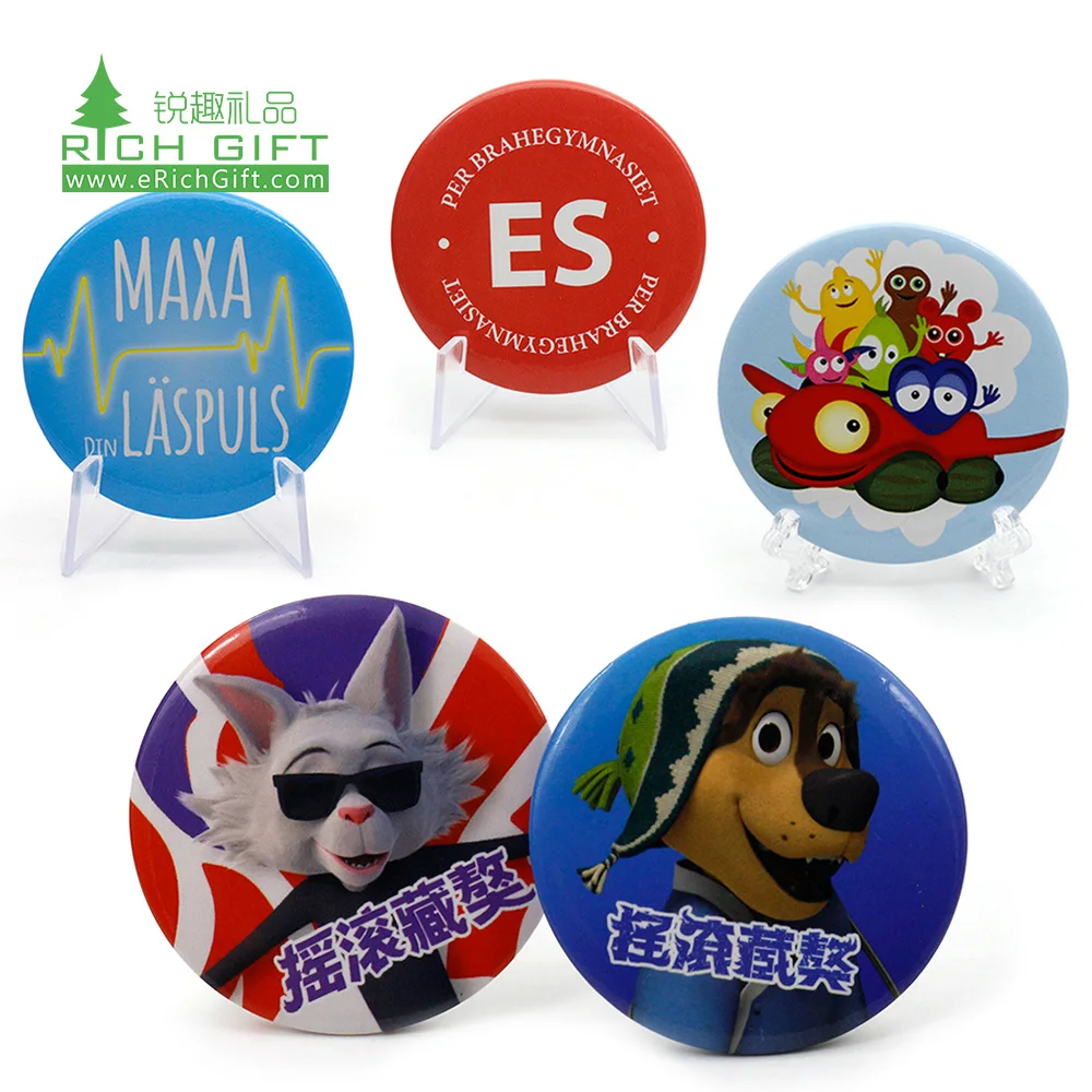 wholesale maker 32mm white plastic back badge logo holographic flashing cartoon tinplate round custom button pin with safety pin