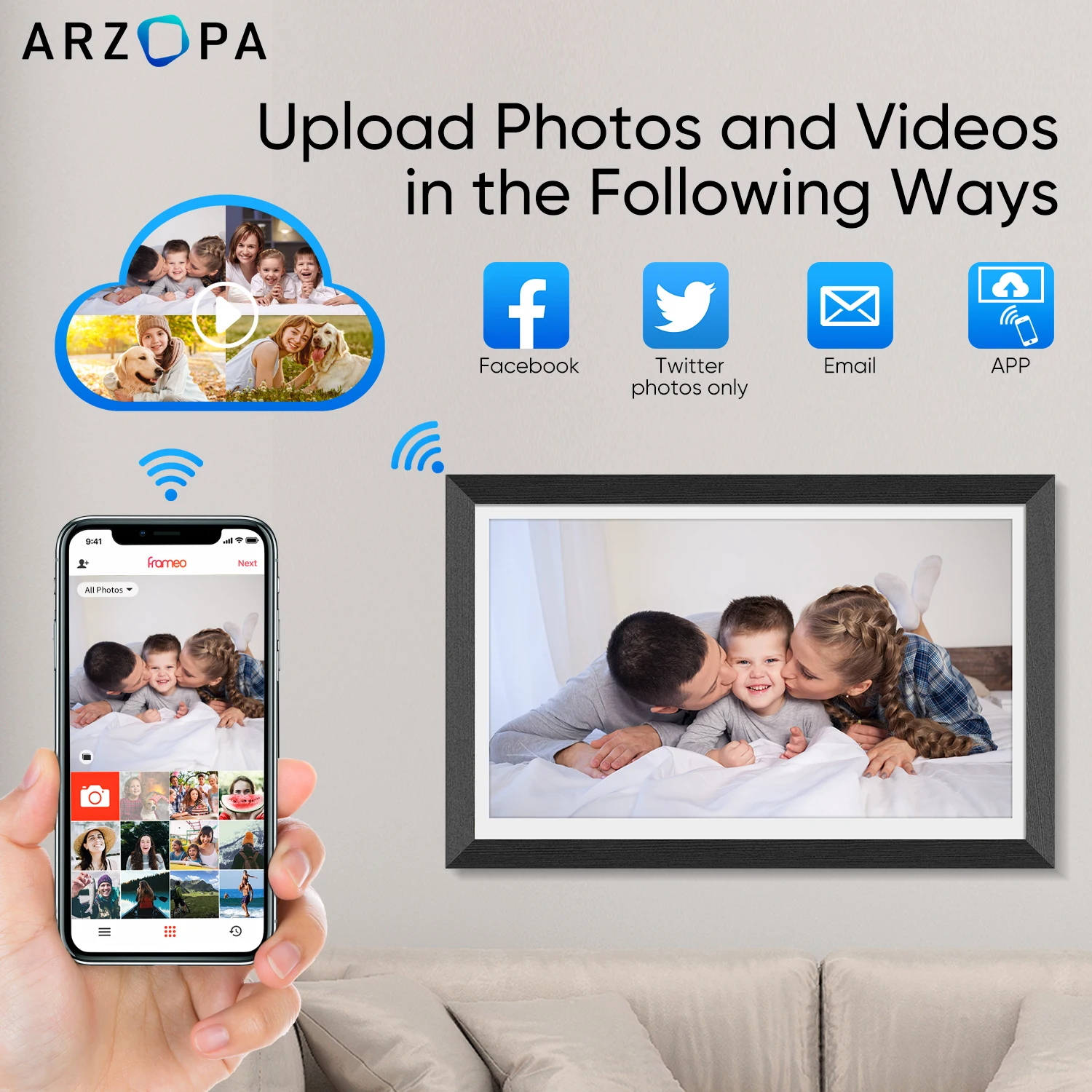 Arzopa 14.0 Inch Touch Screen 16GB Internal Memory PhotoShare Friends and Family Black Picture WIFI Digital Photo Frame