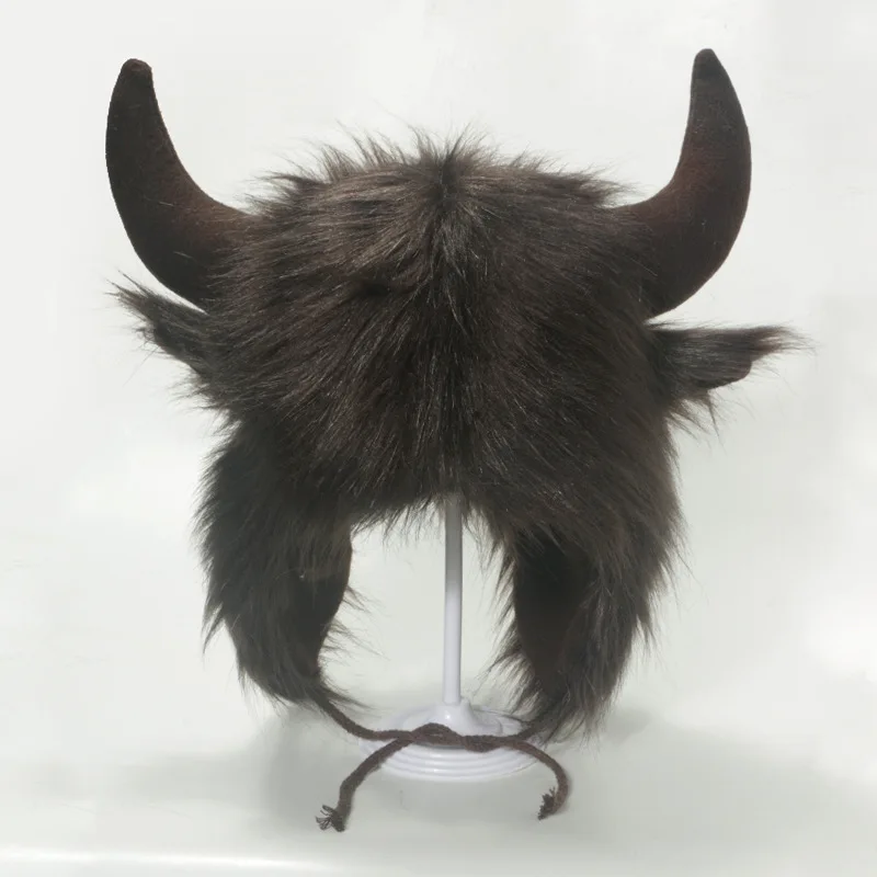 Halloween Fluffy Faux Fur Bull Horn Ear Protection Hat Role Play Personalized Funny Warm Thick Ski Winter Cap