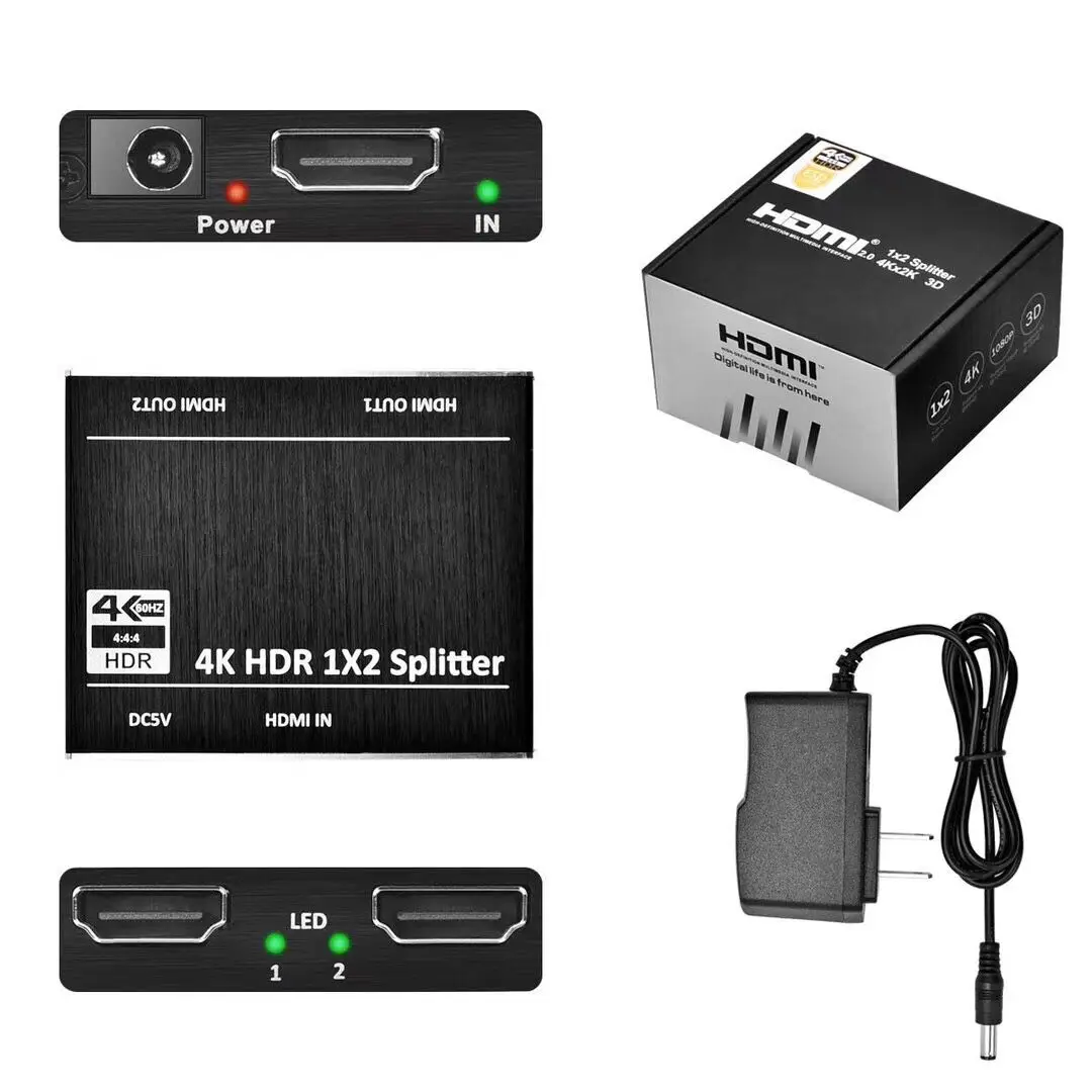 Super Mini 4K 60Hz 1 in 2 Out 1x2 HDMI Splitter Support HDCP2.2 3D 2160P 1080P HDR ARC