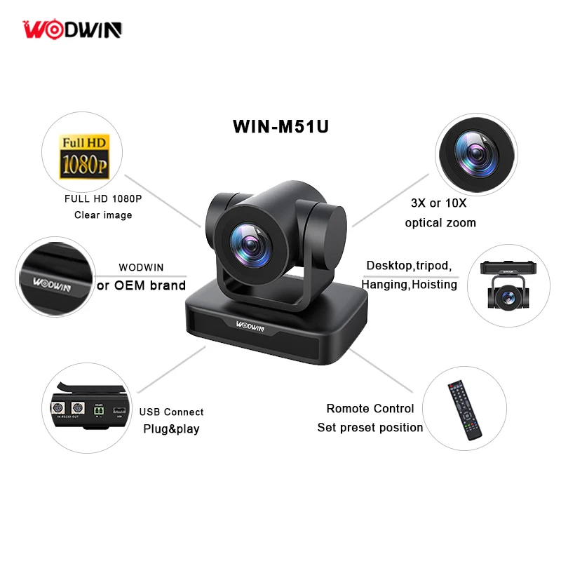 WODWIN USB Full HD PTZ Video Conference Camera with 3X zoom for teleconference