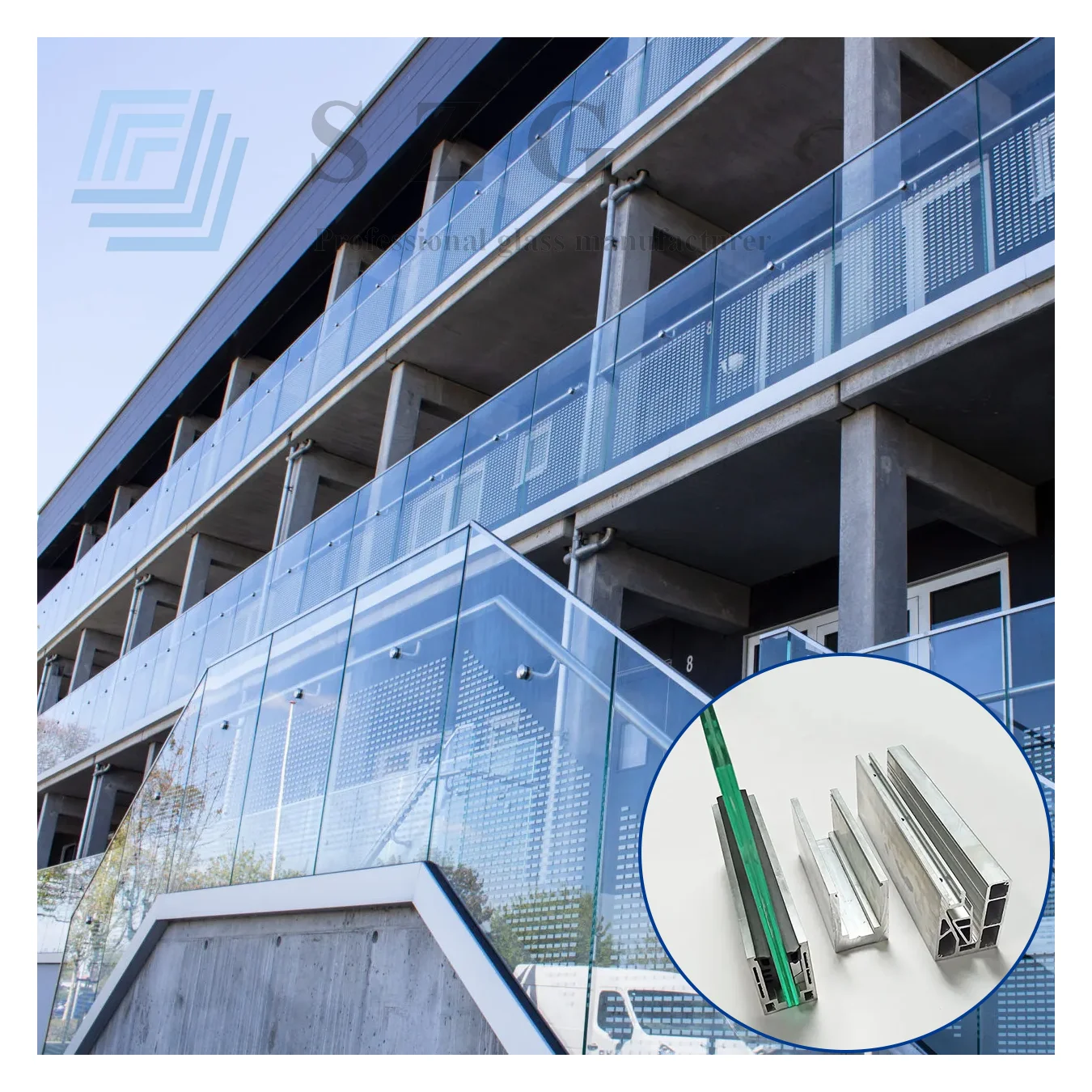 Building exterior stair corridor glass railing modern design Aluminum balcony glass railing base shoe glass u channel balustrade