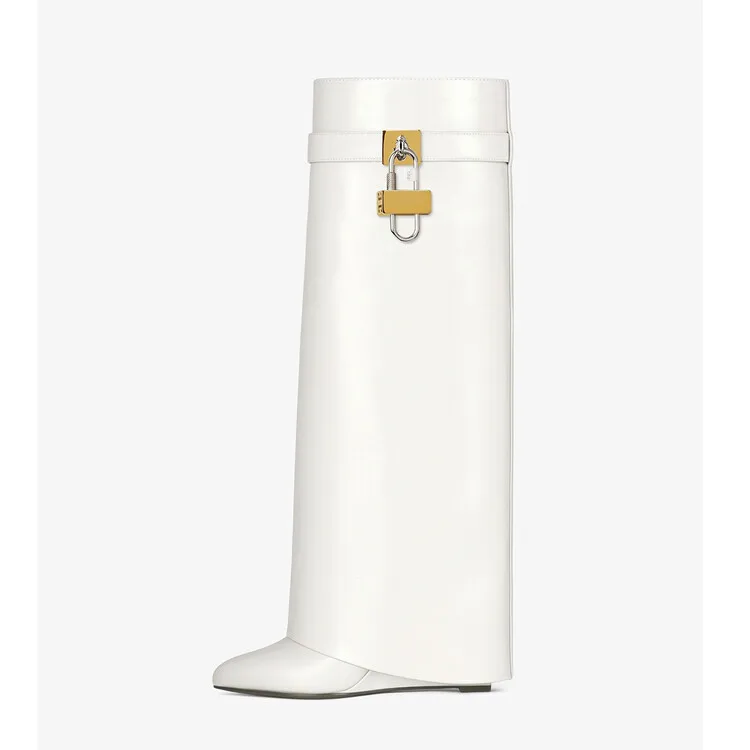 Botas Alto Height Increasing Lock Cut Pants Wedge Heel Shoes Women Black Knee Boots