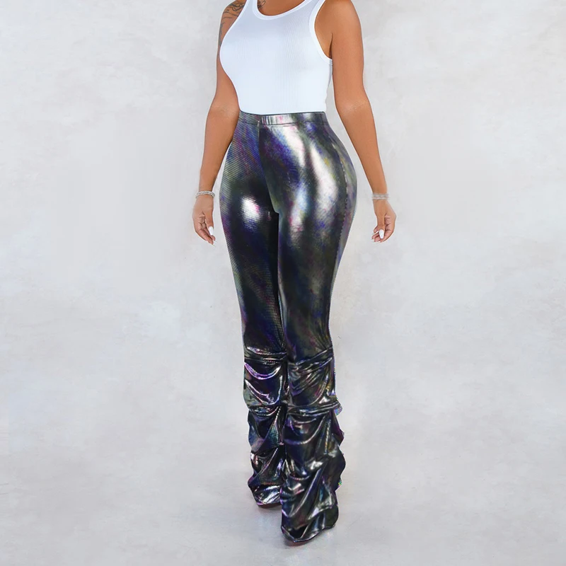 Adult Women Rhinestones Flared Trousers Club Nightclub Party Fold Pendulum Pants Sequins Fish Scales Knickered Ladies