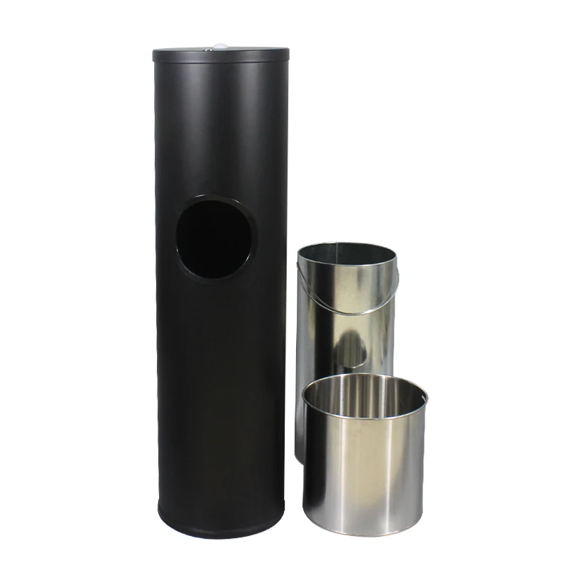 Factory Direct Sale Galvanized Iron  Floor Standing Ashtray  Black Wipe Dispenser Trash Can for Gym