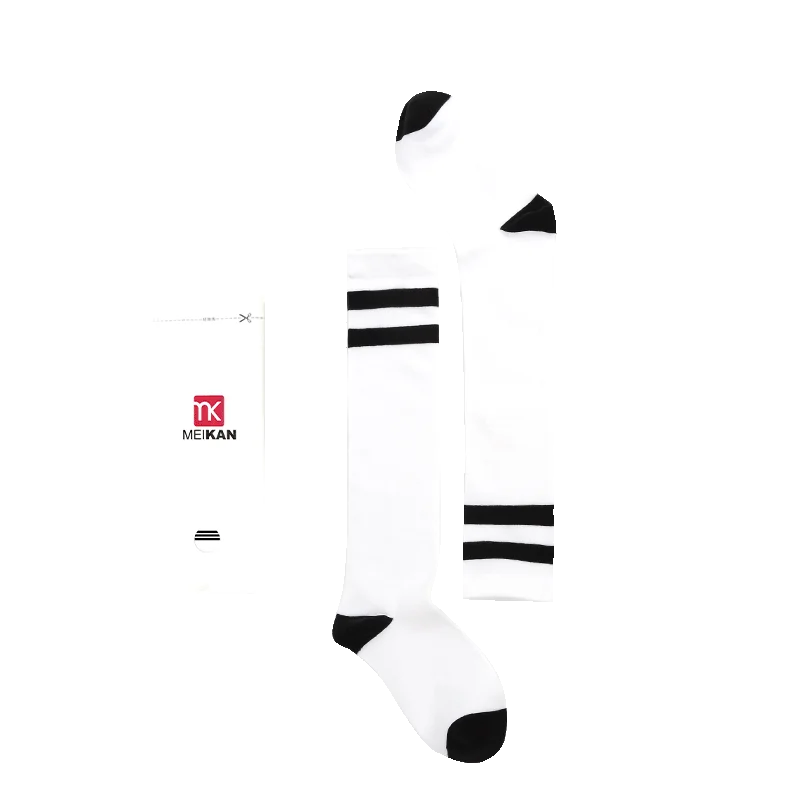 Apparel Wholesale Custom Breathable Knit Knee High White & Black Striped Combed Cotton Women Long Thigh High Socks