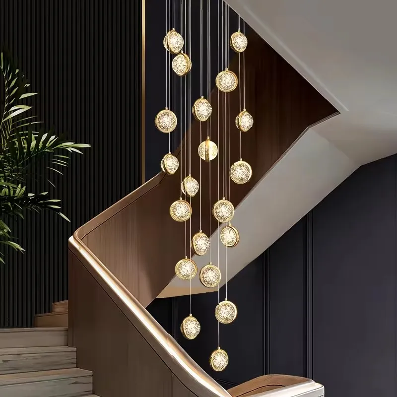 Modern Duplex spiral staircase long light luxury crystal ball Stainless steel chandelier loft apartment chandelier