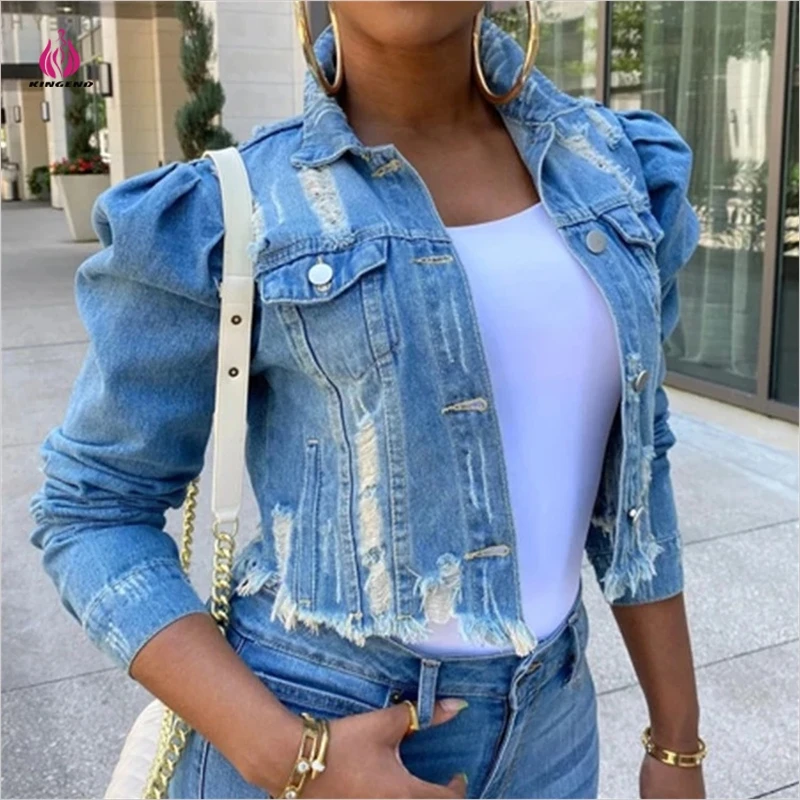 KG9015 Wholesale Ladies Denim Jackets Woman Plus Size S-5Xl Coats Ripped Blue Jean Jacket Women 2021