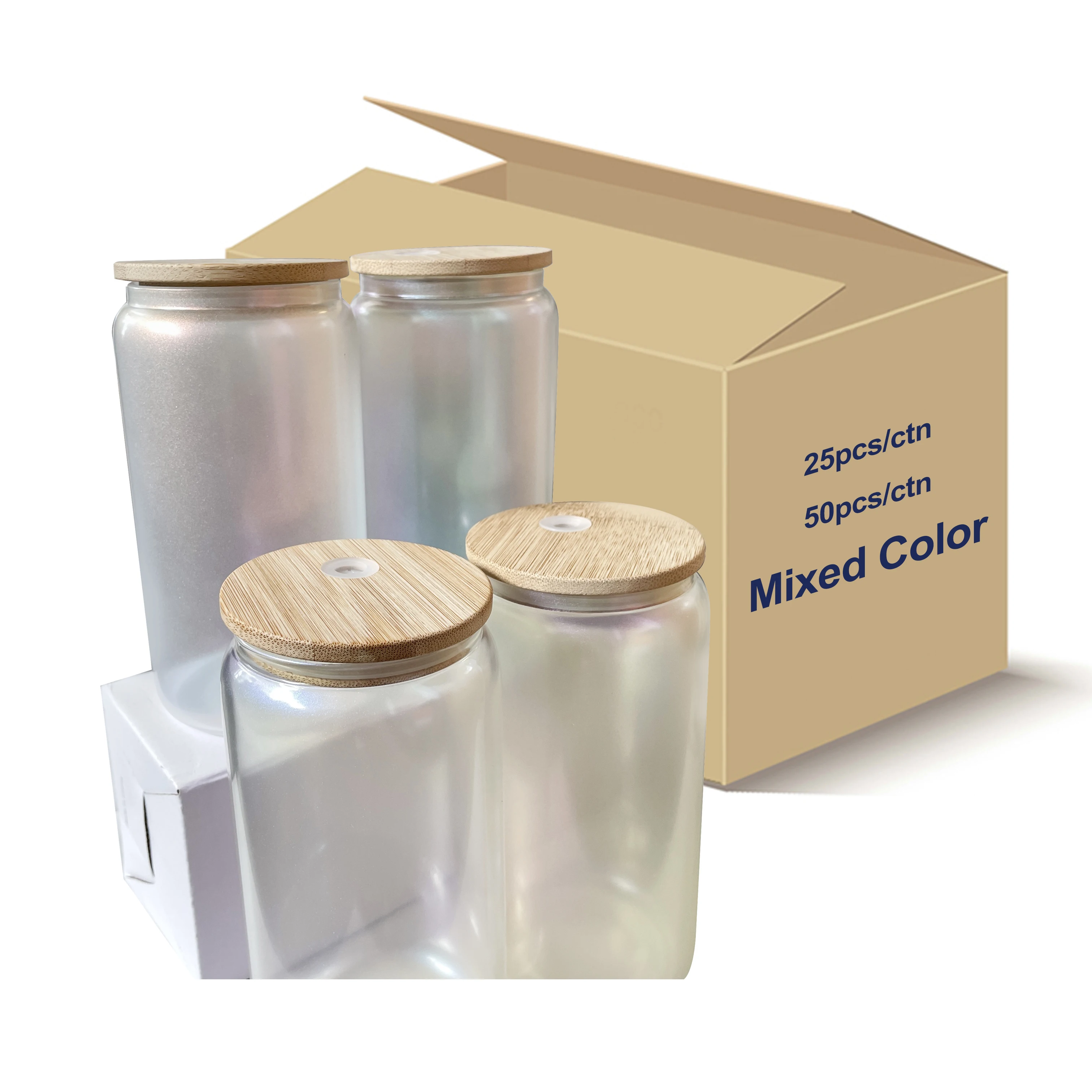 Hot Sale US Warehouse 16oz clear coffee soda shaped beer Sublimation iridescent Glass can with bamboo  lid and plastic straw