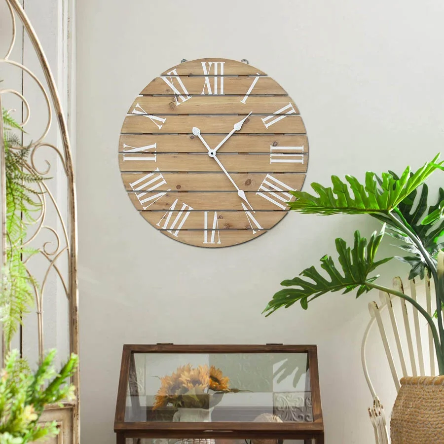 Hot Selling Large Size Roman Numerals Farmhouse Retro Big Wall Clock Splicing Mdf Wooden Strips Vintage Analog Wall Clock