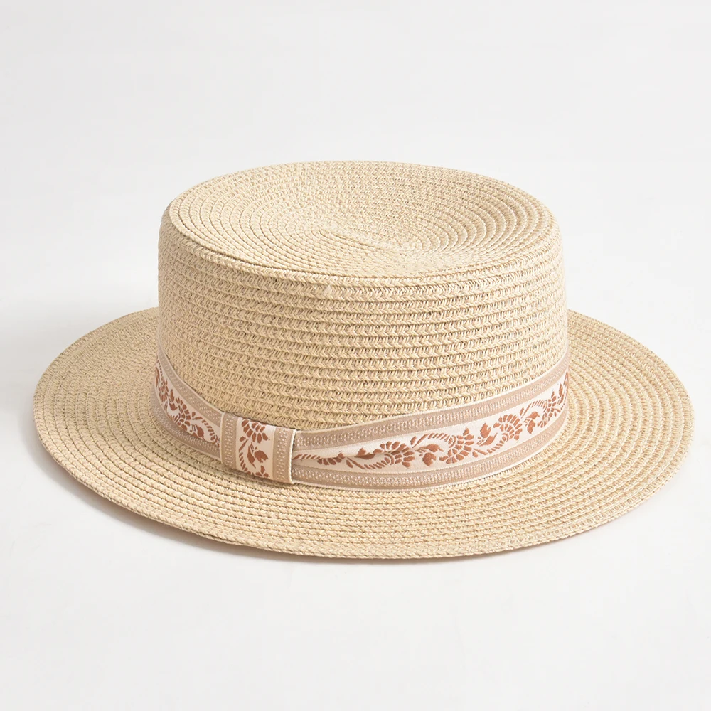 custom Beige wide brim Casual Beach gold wire Hat summer beach Breathable boater straw hats with vintage pattern ribbon