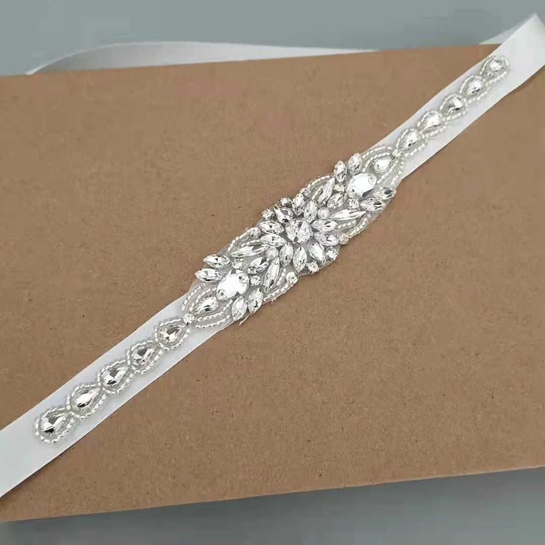 Handmade Kids Small Vintage Wedding Bridal Sash Belt,Iron On Rhinestone Crystal Applique Sash Belt