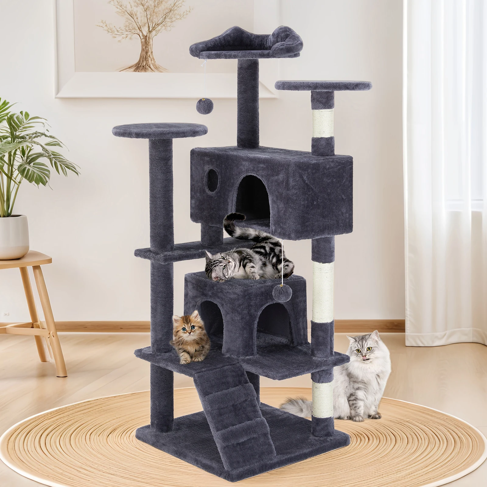 Indoor Cats Tall Multi-Level Tower 54 inches Pet Play House with Large Condo  Climbing Ladder Dangling Toy for Dog pet cages