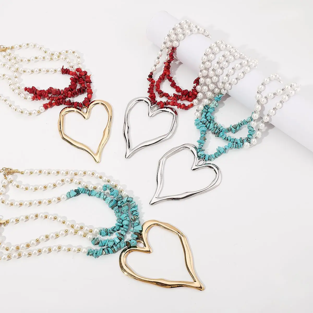 Bohemian Style Multi Layer Chunky Large Heart Beaded Necklace Fashion Pearl Turquoise Necklace Jewelry Women