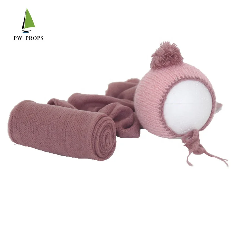 Wrap set Baby Knit Swaddle Wrap Baby Girl Photography Props Textured Cotton Baby knit mohair hat props