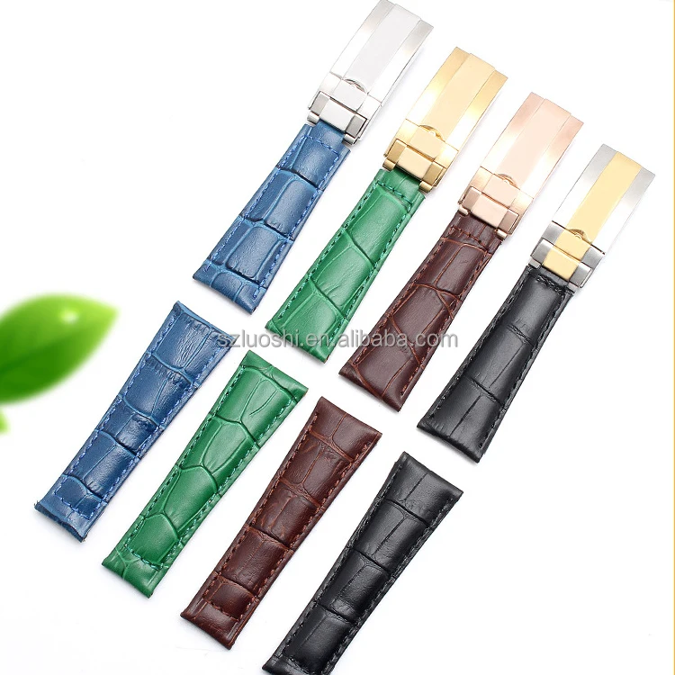 Luxury 20mm Black Green Brown Blue Double Cowhide Leather Watch Strap For Ro-lex Watch Bands Daytona With Deployment Clasp