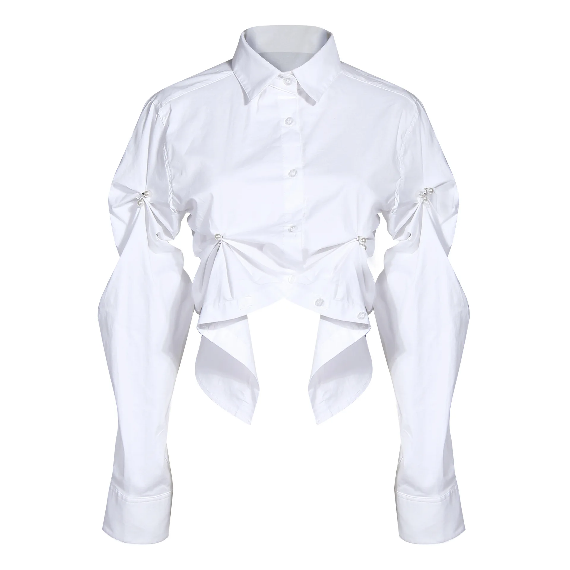 2020 spring new arrivals fashionable design women sewn pearl sleeve shirt pleated long sleeves cotton ladies top blouse