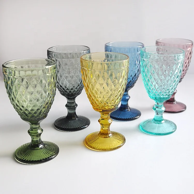 wholesale cheap black/blue/purple/green glass wine glasses water goblet embossed glassware set