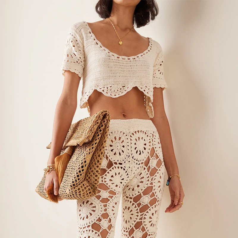 2024 Fashion Custom Women Quality Sweater Set Bunga Crocheted Cotton Pants and Top Set