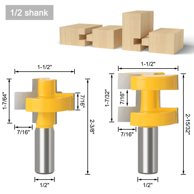 ALPHA 2pc 1/2' 12mm Shank T-Slot Square Tooth Tenon Milling Cutter  High Quality Large Tongue & Groove Joint Router Bit Set