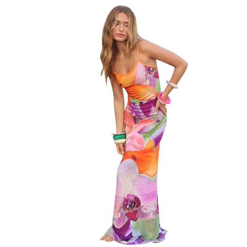 Halter tie dye printed dress holiday style fashion sexy slim-fit long dresses women