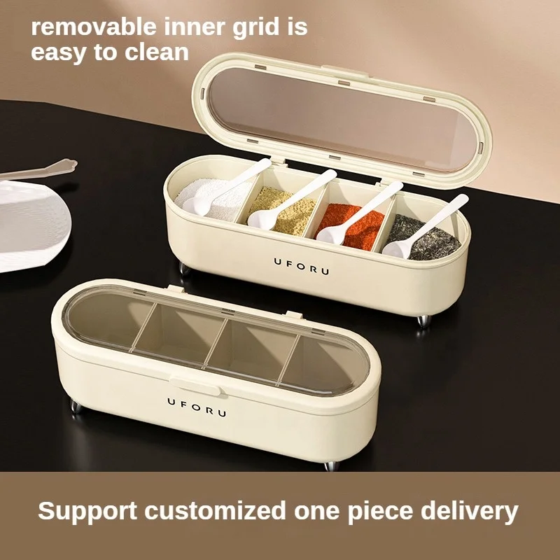 Household Kitchen Supplies Salt Sugar Monosodium Glutamate Four Compartments Storage Box All-In-One Multi-Compartment Light Luxu