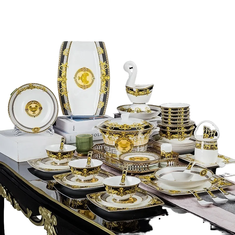 Hot Sale black gold Ceramic Cutlery Dishes and Plates Set French Vintage Style Tableware Breakfast Plates Fish Plates