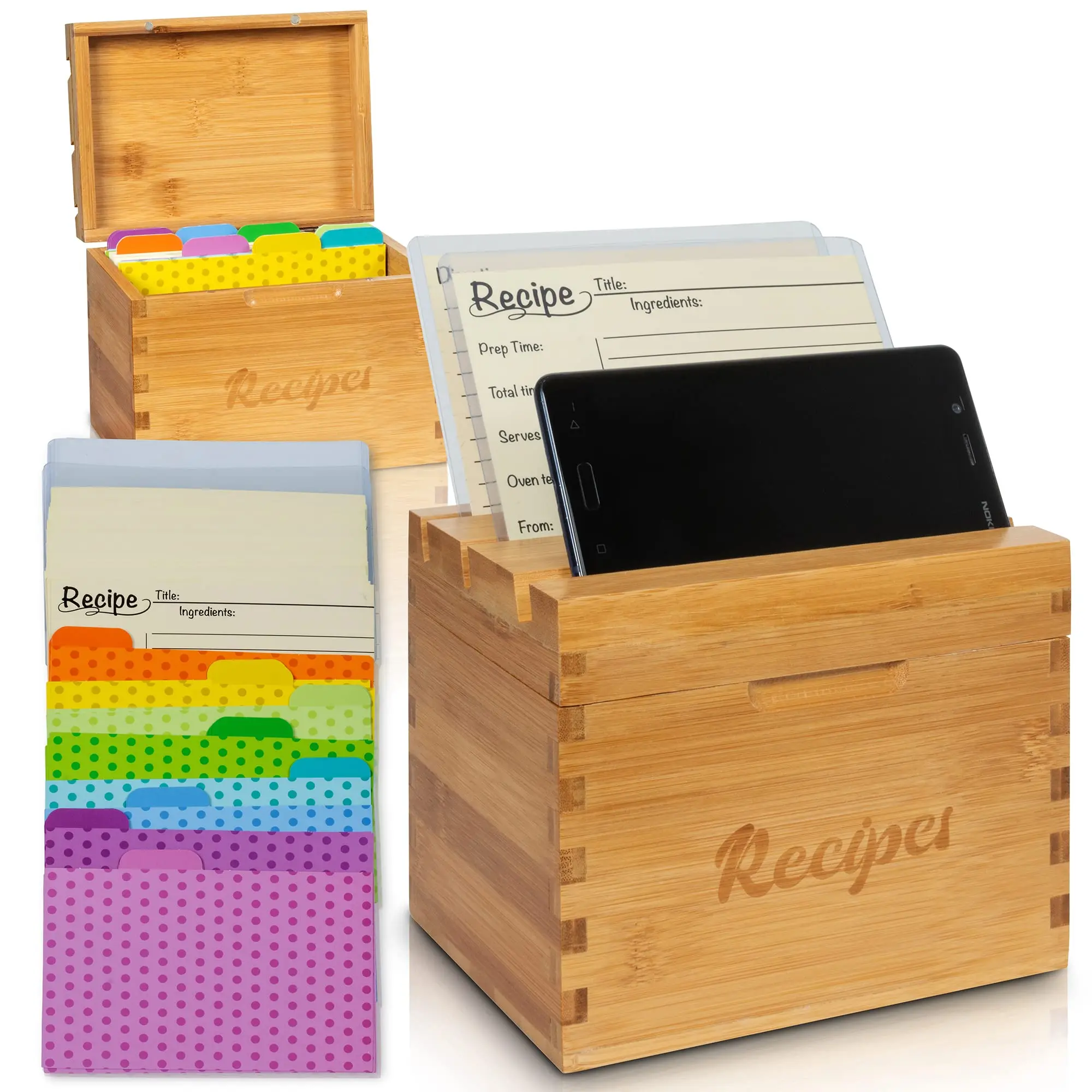 4x6 Bamboo Wood Recipe Box With 16 Dividers 70 Recipe Cards and 2 Protective Sleeves