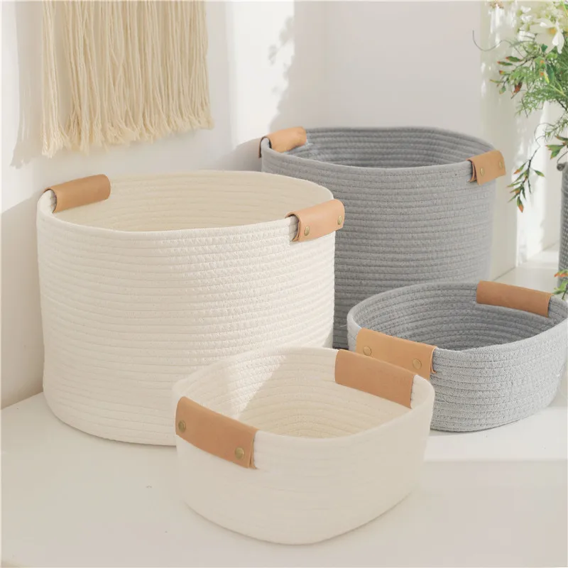 Large Gray Woven Laundry Round Storage Cotton Rope Basket