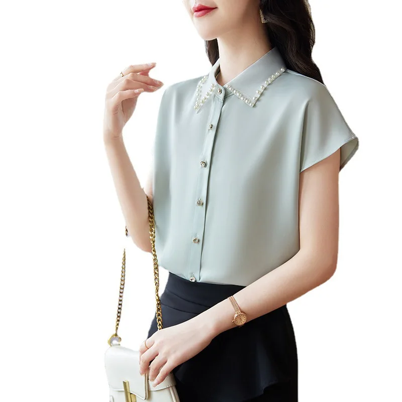 Good Quality Button Up Shirt Formal For Women Blouses 2022 Short Sleeve Pearl Tops Female Summer Hotel Uniform