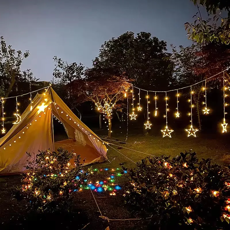 2024 Waterproof 220V Christmas Tree Lights Outdoor LED star lights String Solar Star Decorative Curtain Remote Control Outdoor