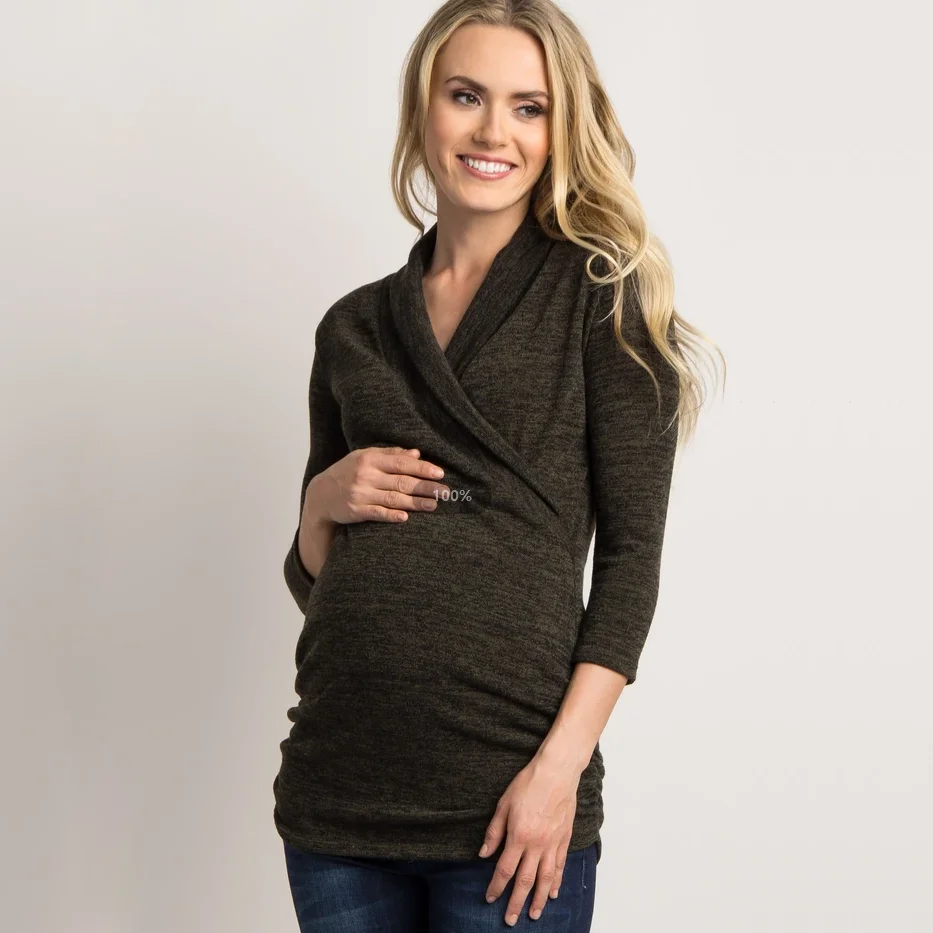 Серая трикотажная рубашка с перьями на заказ, топы для кормящих матерей, одежда с перекрестными ушками, блузка из 100% хлопка с длинным рукавом, Женские топы для грудного вскармливания